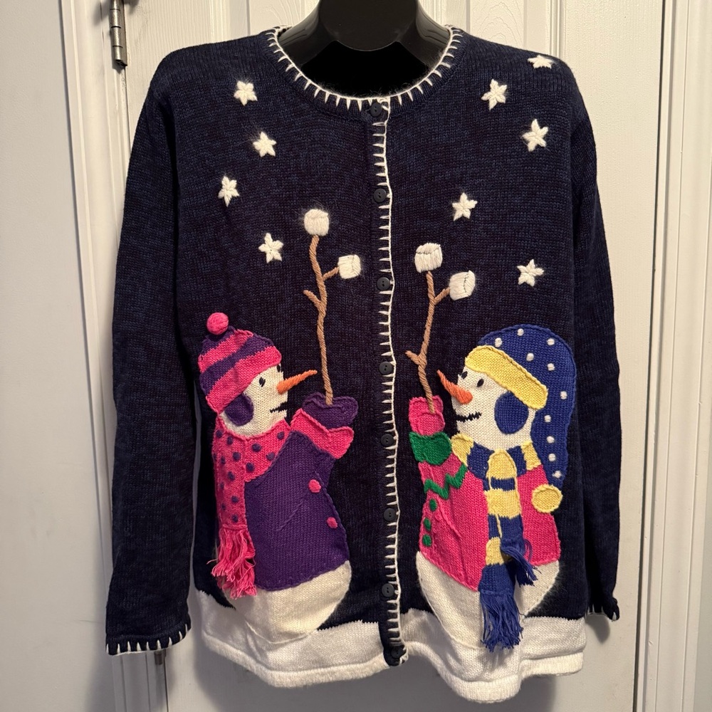 Quacker Factory Blue Button-Up Cardigan Sweater Snowman With Marshmallow Lrg NWT